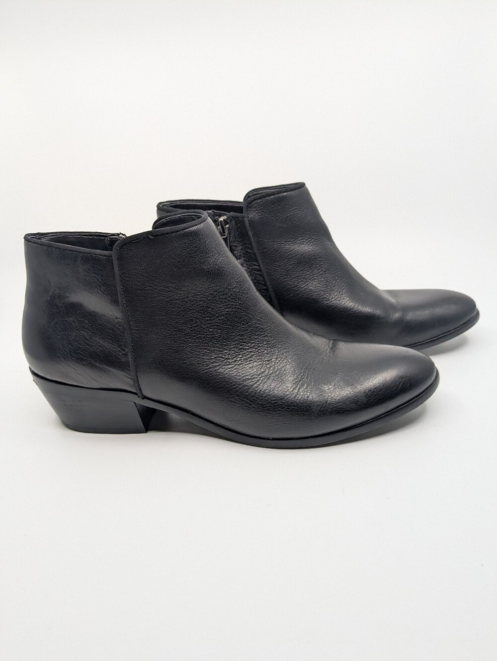 Sam Edelman Petty Leather Ankle Boots Black Side Zip Block Heel 9.5